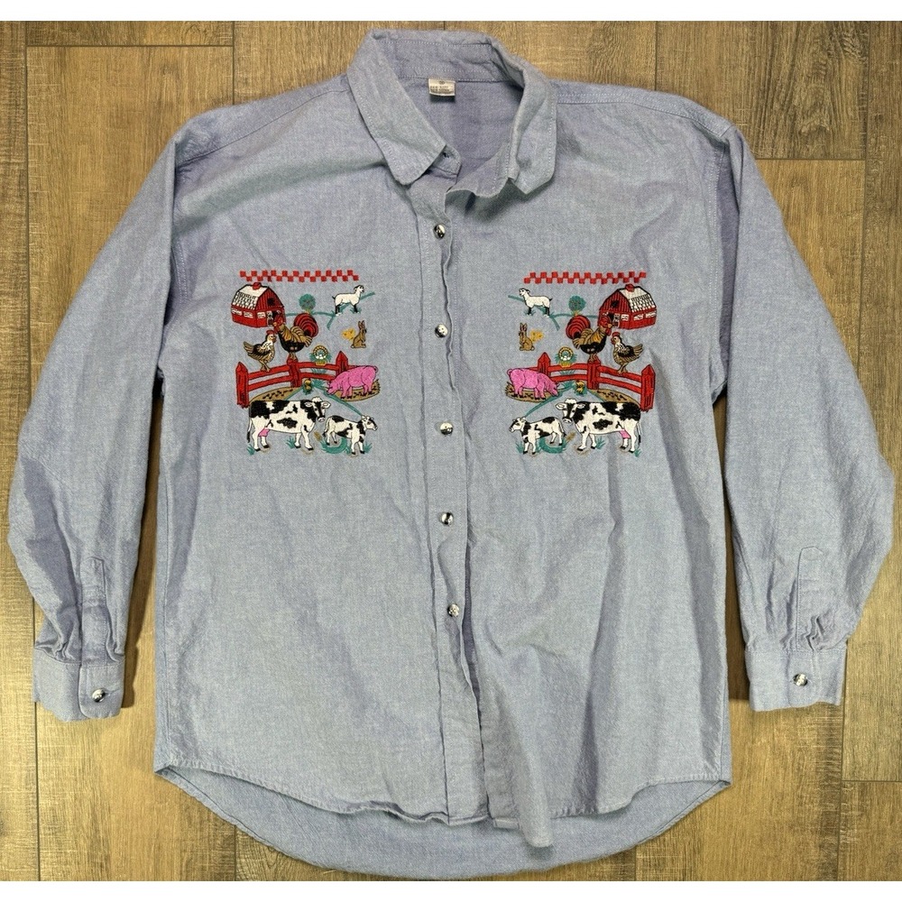 Vintage Embroidered Farm Barn Animals Button Up Long Sleeve Shirt Cottage Med